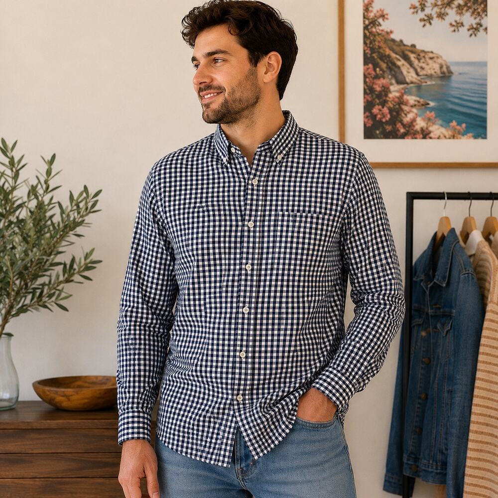 Bogari Gingham Button Down Shirt Men Large Blue White Check Casual Shirt